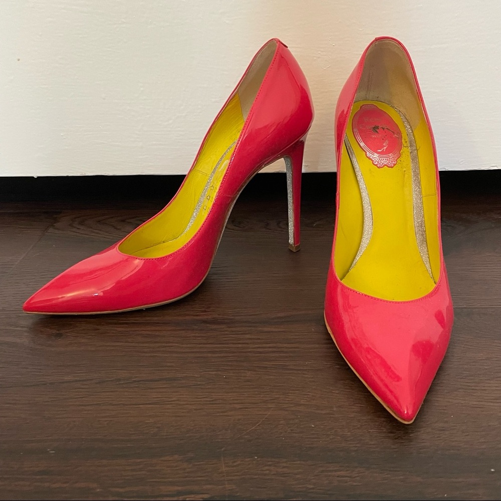 RENE CAOVILLA Pink Patent Leather Pointy Toe Stiletto Heels